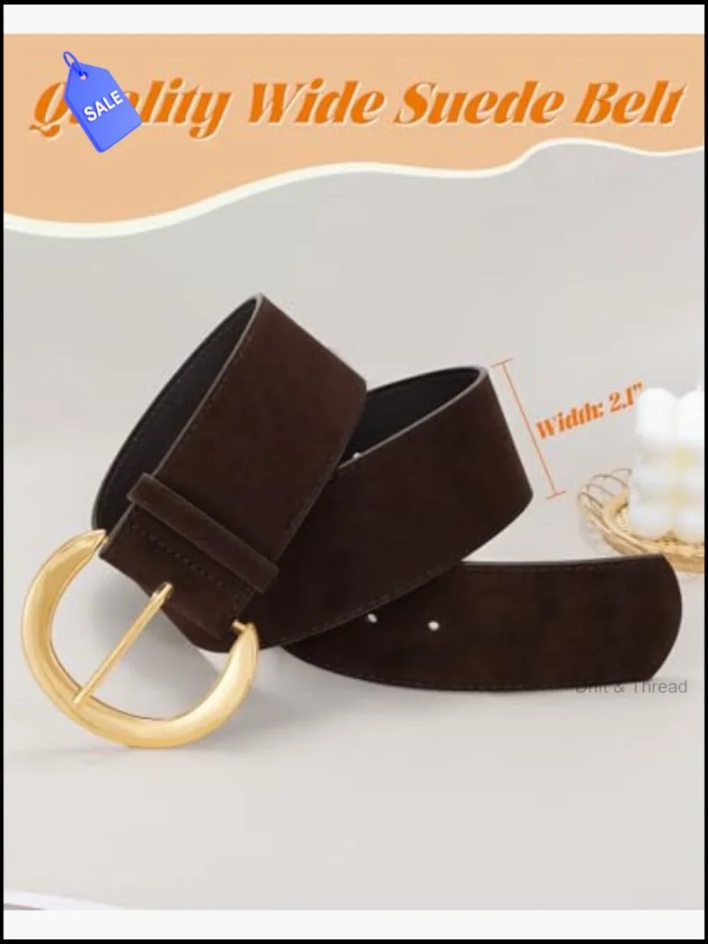 Wide Suede Belt with Chunky Gold Buckle, 2.1